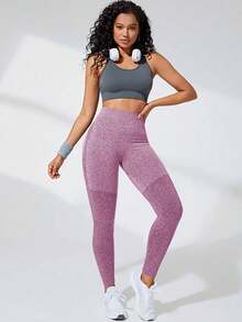 Sport Seamluxe Seamless Women Solid Color Ruched Butt Casual Sports Leggings - Purple - View 5