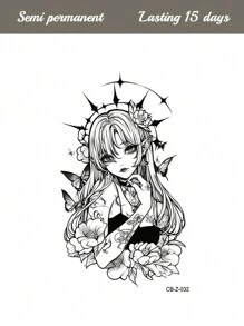 CAT QUEEN ART Nước ép thảo dược Y2K Hình xăm tạm thời theo phong cách anime bướm, kéo dài 14 ngày, không phản chiếu, kích thước lớn cho cánh tay, ngực, lưng, 1 tờ - màu đen - Xem 5