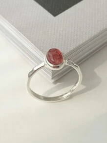 Nhẫn pha lê hình bầu dục dâu tây bằng bạc S925 có nhẫn hở và nhẫn đeo ngón trỏ - Màu Bạc Cổ - Xem 3