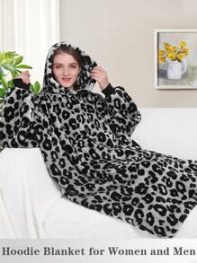 1 Pcs Wearable Blanket Sweatshirt Gifts For Women And Men, Warm And Cozy Giant Blanket Hoodie, Thick Flannel Blanket With Sleeves And Giant Pocket - 豹紋灰 - 查看 3