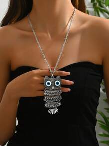 1 pieza Collar con colgante de lágrima de búho vintage de bronce, unisex, incluye colgante de luna, joyería de tótem animal, material de aleación, adecuado para uso diario, festivales, aniversarios, , collar de la suerte, regalo del Día del Maestro, parejas, adolescentes y estudiantes - búho plateado antiguo - Ver 1