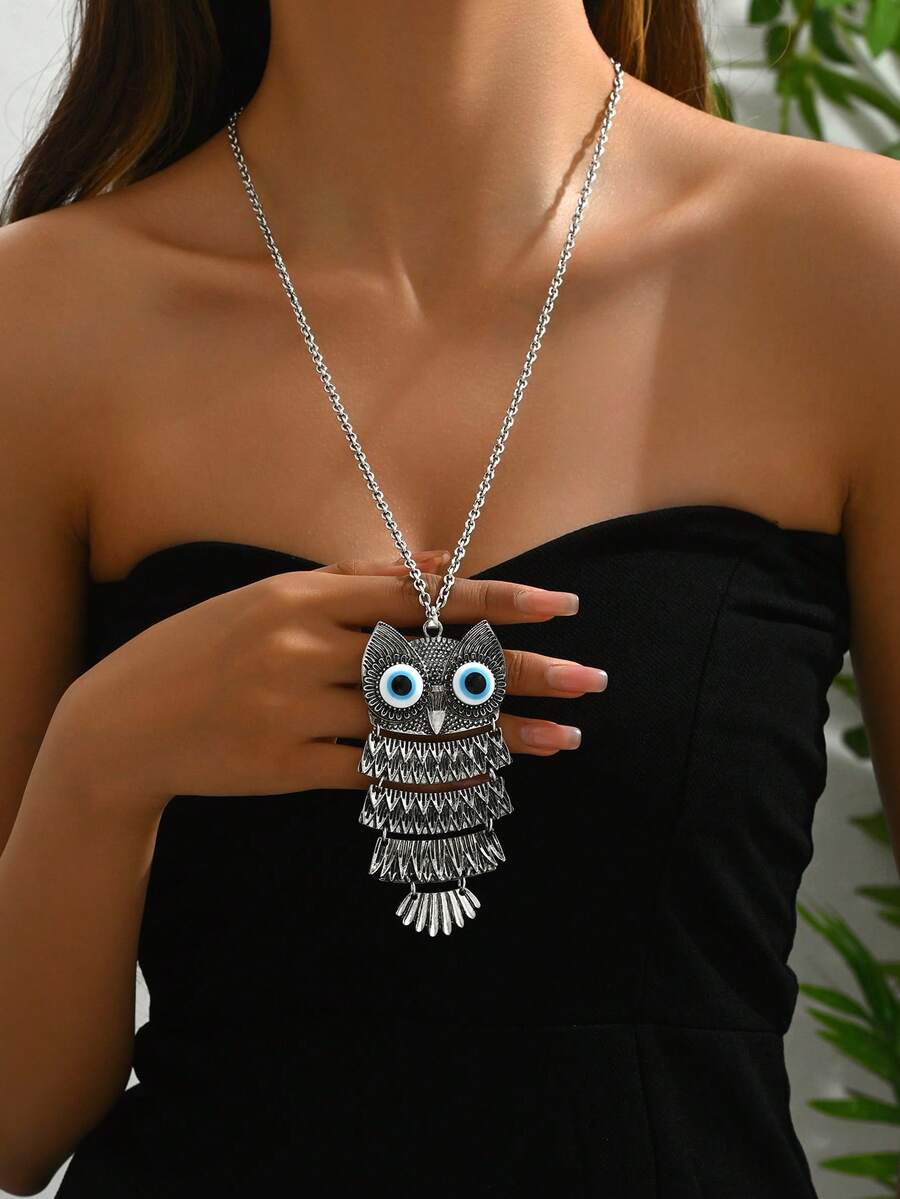 1 pieza Collar con colgante de lágrima de búho vintage de bronce, unisex, incluye colgante de luna, joyería de tótem animal, material de aleación, adecuado para uso diario, festivales, aniversarios, , collar de la suerte, regalo del Día del Maestro, parejas, adolescentes y estudiantes - búho plateado antiguo - Ver 1