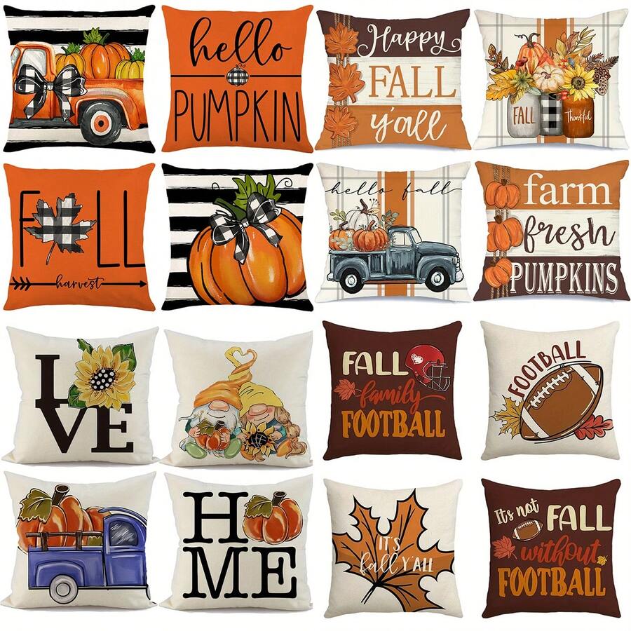 4 件万圣节南瓜装饰枕套，超柔软毛绒印花靠垫套，适用于沙发、卧室、室内室外，17.7 X 17.7 英寸，不含枕芯 - 彩色 - 查看 1