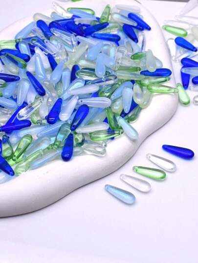 30颗7x22毫米大号水滴形玻璃珠，粉色、蓝色和白色，适合珠宝制作、DIY耳环和项链配件