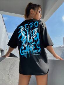 Camiseta Streetwear Ilustração de Borboleta & Slogan Ombro Caído Camiseta