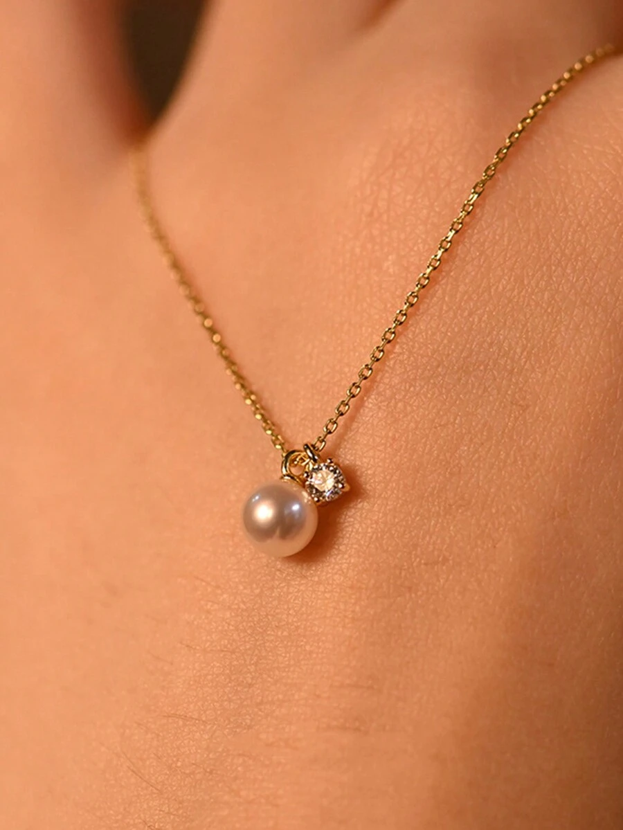 GAGAFEEL 1 件简约法式 S925 纯银珍珠珍珠项链，时尚复古优雅锁骨链，友谊的最佳礼物 - 金色 - 查看 1
