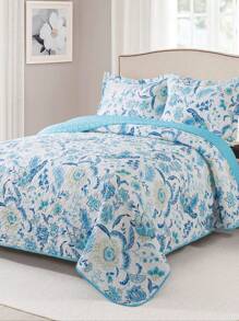 3 Pieces Garden Quilt Set - Lightweight Bedspreads With Colorful Floral Pattern - Farmhouse Quilt Bedding Sets For Bed Coverlet - Baby Blue - View 2