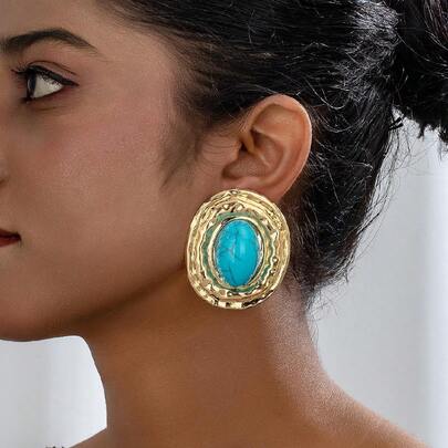 1 Pair Geometric Textured Oval Shape Inlaid Ellipse Pearl Pendant Retro Elegant Earrings For Women