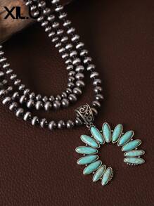 1pc Vintage Western Style Exaggerated Faux Turquoise & Beads Triple Layer Necklace,Western Country Navajo Faux Pearls