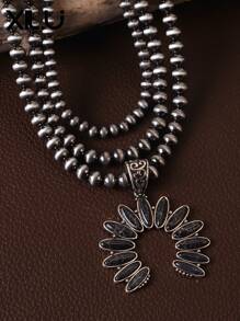 1pc Vintage Western Style Exaggerated Faux Turquoise & Beads Triple Layer Necklace,Western Country Navajo Faux Pearls