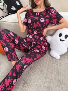 2pcs/Set Women Pumpkin Print Short Sleeve Pajama Set For Halloween - Multicolor - View 1