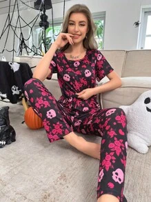 2pcs/Set Women Pumpkin Print Short Sleeve Pajama Set For Halloween - Multicolor - View 4