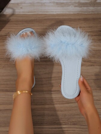 女士新款时尚毛绒拖鞋，系带，适合室内和室外穿着，防滑平底拖鞋，优雅时尚，有浅蓝色、米色、白色、黄色、烟熏蓝色、浅绿色、黑色可供选择