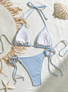 Bikinx Women's Solid Color Satin Ribbon & Shell Decor Triangle Cup Tie Bikini Set, Suitable For Summer Beach Vacation - Baby Blue - View 7