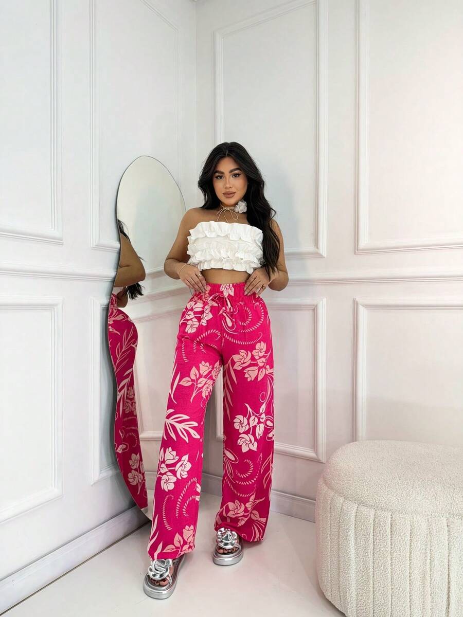 Duna Pantalona Women's Fashion Printed Elastex Waistband - Hồng - Xem 1