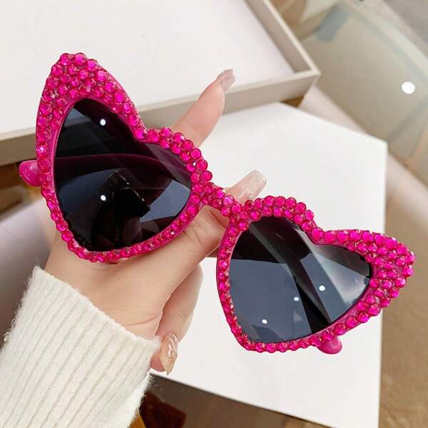New European And American Women's Heart-Shaped Handmade Decorative Rhinestones; Essential For Travel Heart Shape Women Fashion Glasses Shades