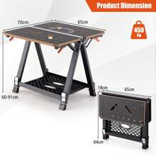 2-In-1 Folding Work Table & Sawhorse, 450 KG Max Load Workbench W/ 2 Quick Clamps & 4 Clamp Dogs, 8 Adjustable Heights & Extra Tool Shelf, Portable Clamping Workstation For Garage - Orange - View 5