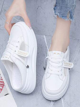 新款女士夏季一脚蹬网眼厚底穆勒鞋，适合日常穿着、工作和街头风格