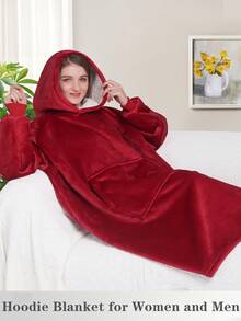 1 Pcs Sherpa Wearable Blanket Hoodie, Oversized Sherpa Fleece Sweatshirt Blanket With Giant Hood Pocket And Sleeves For Adult, Warm & Cozy Blanket Gifts For Women - 紅色 - 查看 4