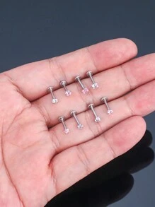 4 件/8 件/16G 不锈钢扁平心形氧化锆唇钉和 T 形耳钉，简约时尚唇环耳环，适合女士耳洞情人节