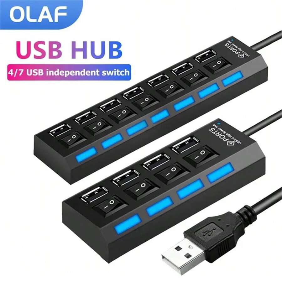 4/7 端口 USB 2.0 集线器多功能扩展坞多 USB2.0 分配器 HUB 扩展器开/关开关适配器适用于 PC 笔记本电脑 - 黑色 - 查看 1