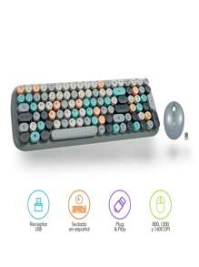 Redlemon Kit de Teclado y Mouse Inalámbrico Diseño Retro Vintage USB - Gris Claro - Ver 2
