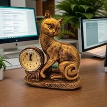 1 件树脂小猫雕像数字时钟，适用于客厅、卧室、家庭、厨房、办公室装饰 - 金色 - 查看 1