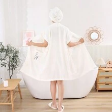 2pcs Set: Corn Kernels Sleeveless Bathrobe + Bathing Cap, Simple Style Thick Soft Fiber Swan Embroidery Bathrobe, Super Absorbent 4-Season Ladies Hooded Bathrobe & Loungewear - Multicolor - View 14