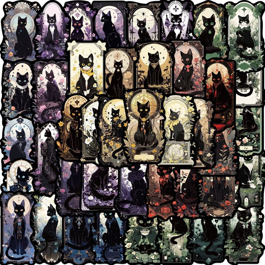 50 张神秘猫主题涂鸦贴纸，可爱卡通猫图案乙烯基防水贴纸，适用于水瓶、笔记本电脑、手机、滑板、吉他、行李箱、剪贴簿、头盔、自行车、摩托车、汽车、儿童、青少年、成人礼物 - 軍綠色 - 查看 1