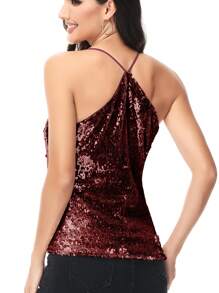 Women's Scoop Neck Razer Back Sequin Spaghetti Strap Camisole Tank Top Blouse - Burgundy - View 2