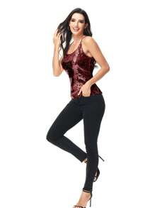 Women's Scoop Neck Razer Back Sequin Spaghetti Strap Camisole Tank Top Blouse - Burgundy - View 3