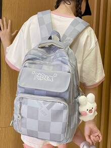 Mochila escolar a cuadros para chicas de secundaria y preparatoria, incluye accesorios - Azul - Ver 4