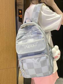 Mochila escolar a cuadros para chicas de secundaria y preparatoria, incluye accesorios - Azul - Ver 2