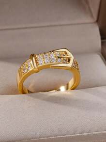 1 Pc Fashion Cubic Zirconia Belt Ring For Women Gold Color Stainless Steel Adjustable Geometric Ring Wedding Party Jewelry Gift