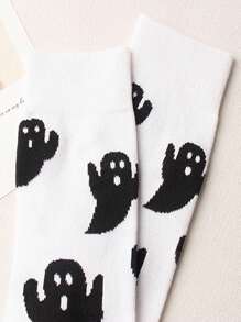 2双装女士趣味幽灵图案中筒袜/短袜，四季皆宜，休闲可爱，适合日常穿着