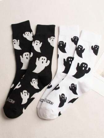 2pairs Women's Funny Ghost Pattern Black & White Crew Socks For Halloween