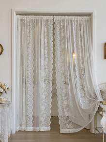 1 件花卉刺绣蕾丝浪漫甜美饰边单片白色窗帘现代涤纶编织奢华日常杆袋适用于客厅窗帘和卧室窗帘，公主风格窗帘 Cortina 房间家居装饰婚礼波西米亚风窗帘 - 白色 - 查看 3