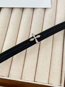 1pc Titanium Steel Non-Fading Double Layer Silver Rose Flower Leather Choker Necklace For Women - Black - View 5