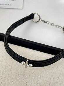 1pc Titanium Steel Non-Fading Double Layer Silver Rose Flower Leather Choker Necklace For Women - Black - View 4