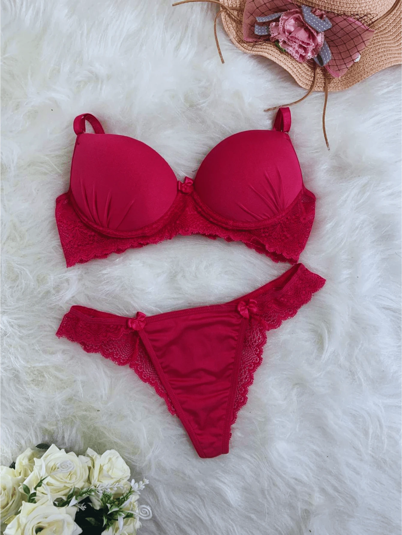 Sexy Luxury Lace Base Bra And Panties Lingerie Set - Màu Hồng Tươi - Xem 1