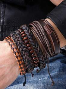 6pcs/Set Men's Fashionable PU Woven Bracelets, Stylish Jewelry Accessories Gifts - Brown - View 2