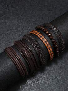 6pcs/Set Men's Fashionable PU Woven Bracelets, Stylish Jewelry Accessories Gifts - Brown - View 3