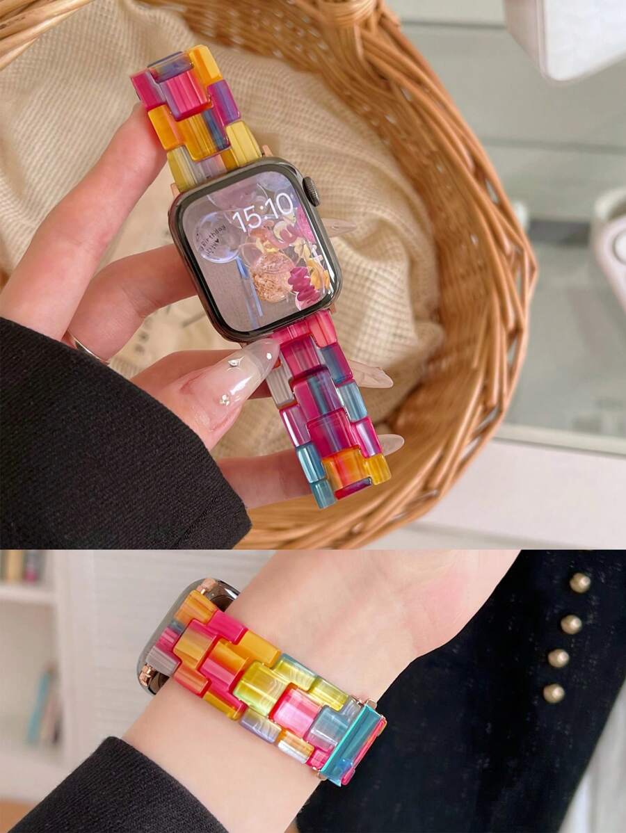 1 件时尚彩虹树脂表带，可调节，防水耐磨，兼容 表带 38/40/41/42/44/45/46/49 毫米，兼容 Series Ultra/SE/11/10/9/8/7/6/5/4/3/2/1，智能表带配件