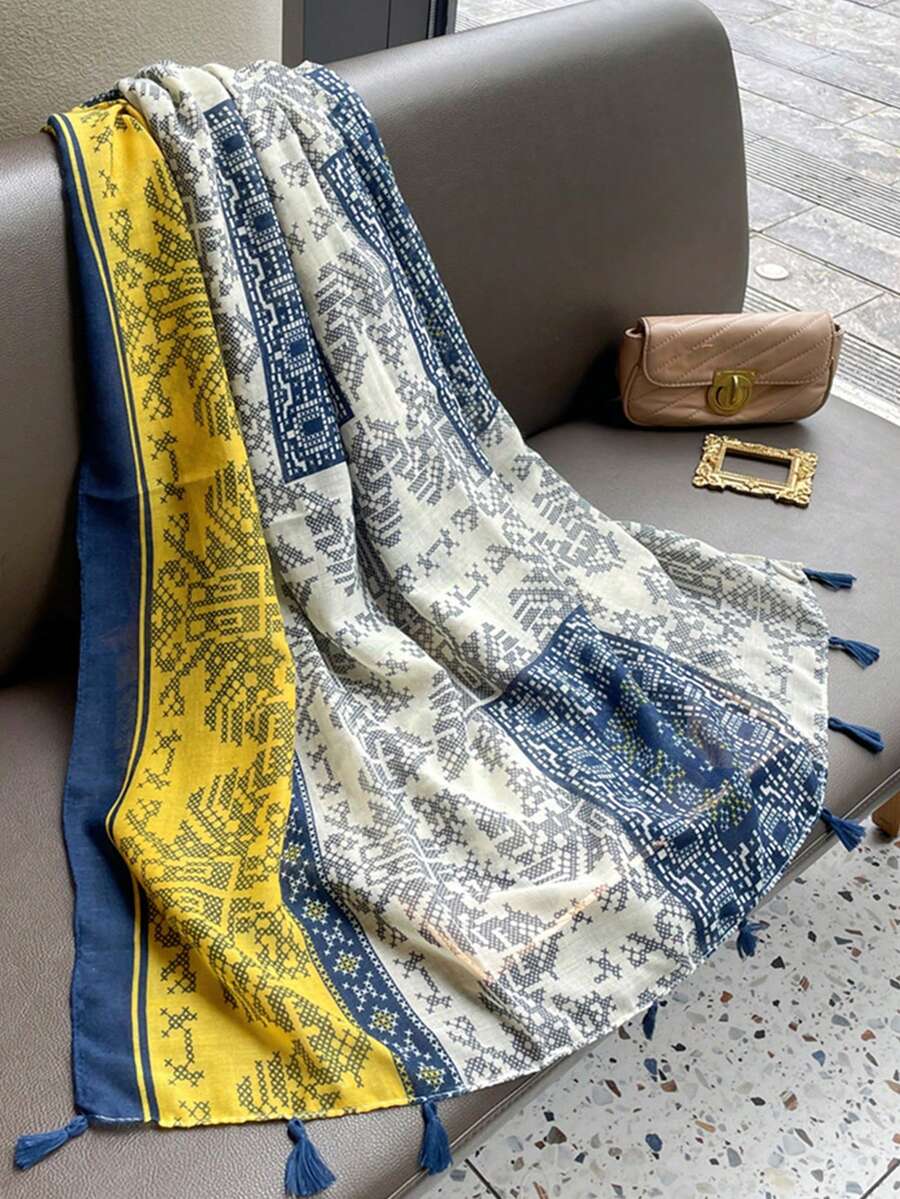 180*85cm流行款头巾1条，户外防晒流苏头巾，穆斯林头巾，奢华印花长方形披肩，四季新款薄围巾，女士防风柔软围巾，时尚防沙沙滩巾， - 彩色 - 查看 1