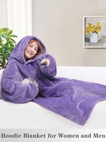 1 Pcs Wearable Blanket Sweatshirt Gifts For Women And Men, Warm And Cozy Giant Blanket Hoodie, Thick Flannel Blanket With Sleeves And Giant Pocket - 紫色 - 查看 3