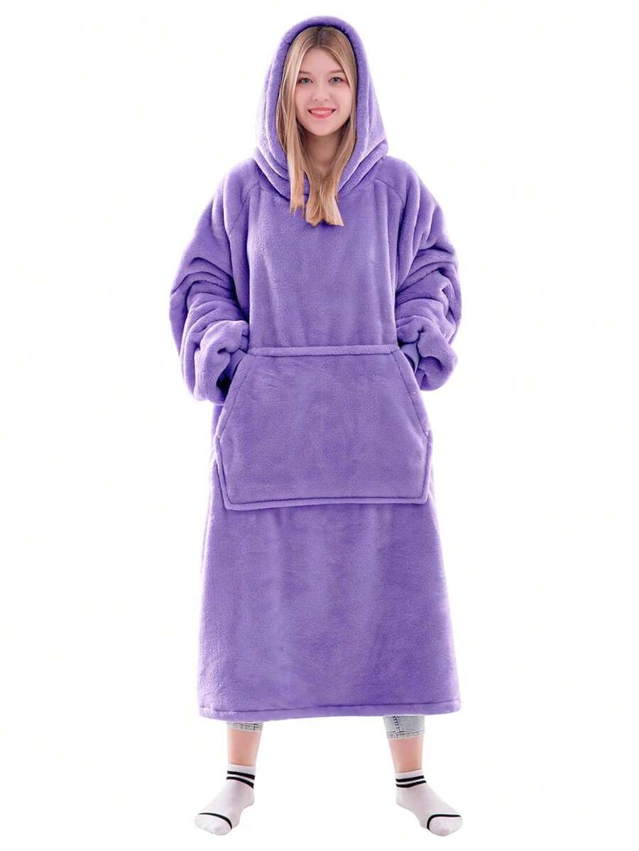 1 Pcs Wearable Blanket Sweatshirt Gifts For Women And Men, Warm And Cozy Giant Blanket Hoodie, Thick Flannel Blanket With Sleeves And Giant Pocket - 紫色 - 查看 1