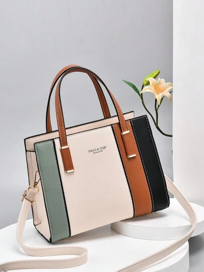 PLANEE 时尚撞色托特包，容量大，双手柄，适合日常生活、工作、单肩包、斜挎包，撞色手提包女士 PU 皮革单肩包优雅双手柄钱包，最佳母亲节礼物创意，母亲节礼物，妈妈礼物，妈妈必备品，外出妈妈包，女士引人注目的工作包