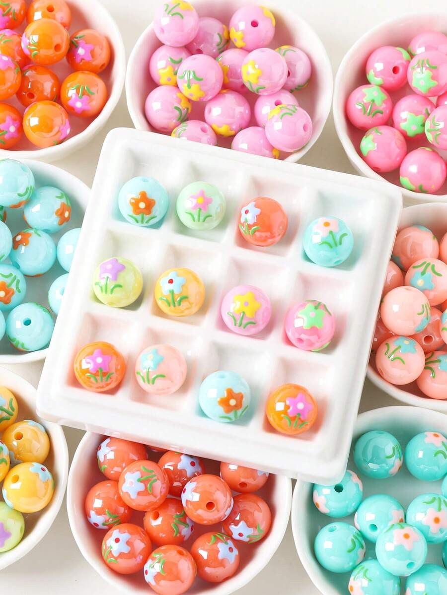 Hand-Painted Beads, Flower Series Round Beads, Acrylic Creative Beads, Variety Of Elegant And Cute Colors Suitable For Festivals, Gifts, Matching Accessories, And Daily DIY