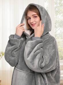 1 Pcs Sherpa Wearable Blanket Hoodie, Oversized Sherpa Fleece Sweatshirt Blanket With Giant Hood Pocket And Sleeves For Adult, Warm & Cozy Blanket Gifts For Women - 灰色 - 查看 3