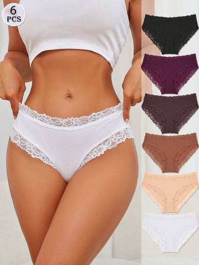 FINETOO6pcsLadiesRomanticFloralLaceTrimBriefs,Mauve